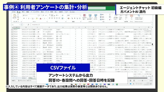 アンケート回答データを記録したCSVファイル。設問への回答内容が一覧表示されている画面。