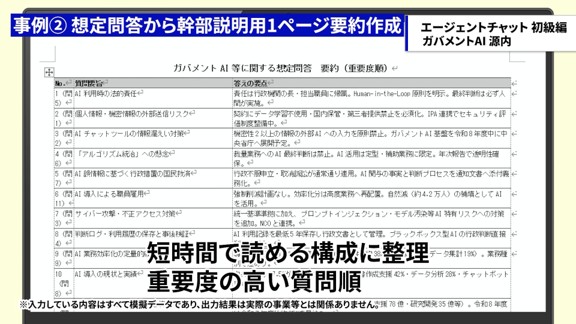 AIエージェントが作成した1ページの要約資料。重要な質問と回答の要点が整理されている画面。