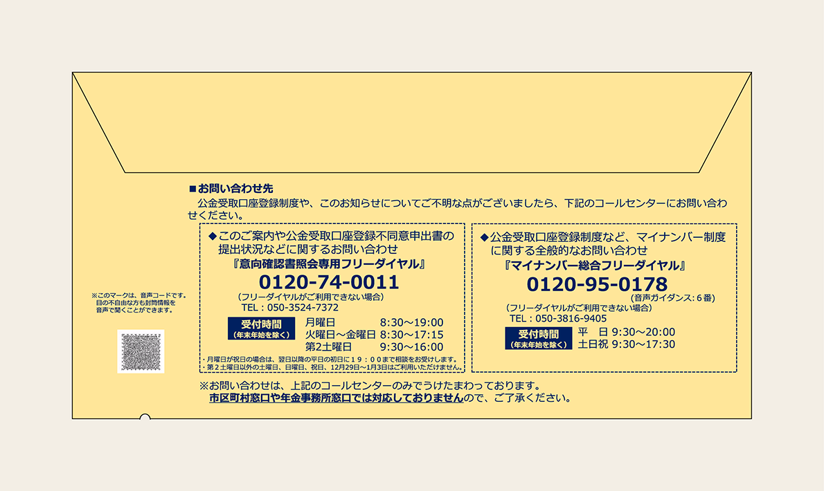A picture of the envelopes with the public money receiving account Directory and call center information included as contact information.