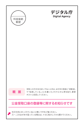 デジタル庁から届くはがきの画像。下部に「公金受取口座の登録等に関するお知らせです」と朱書きされている