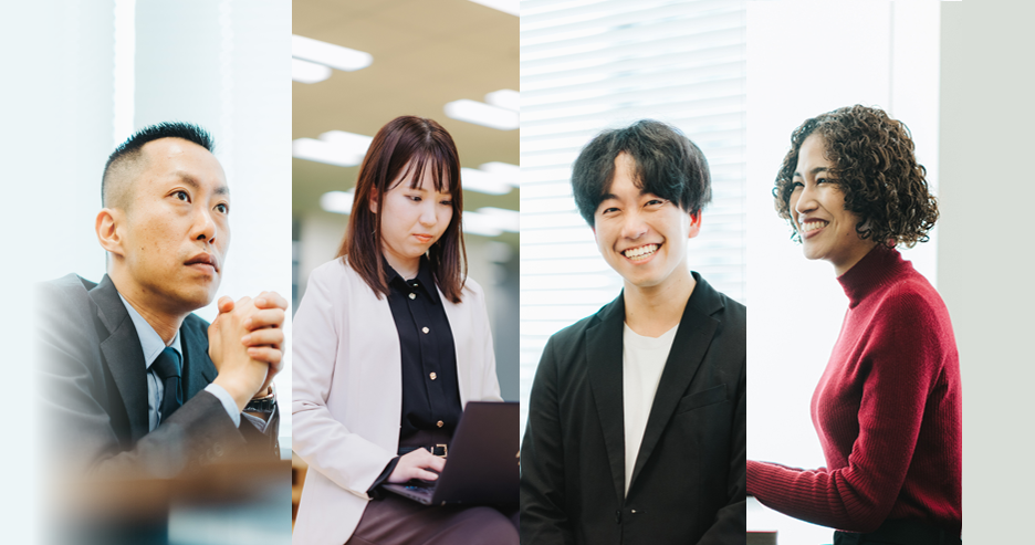 This is an image of four business people in one photo&period; From the left&comma; a man in a suit holding his hands with a thinking expression&comma; a woman holding a computer with a serious expression&comma; a smiling man and a smiling woman are lined up&period; 