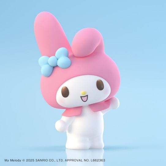 An illustration of the Sanrio character "My Melody" in a pink hood and light blue ribbon, standing in front of a light blue background