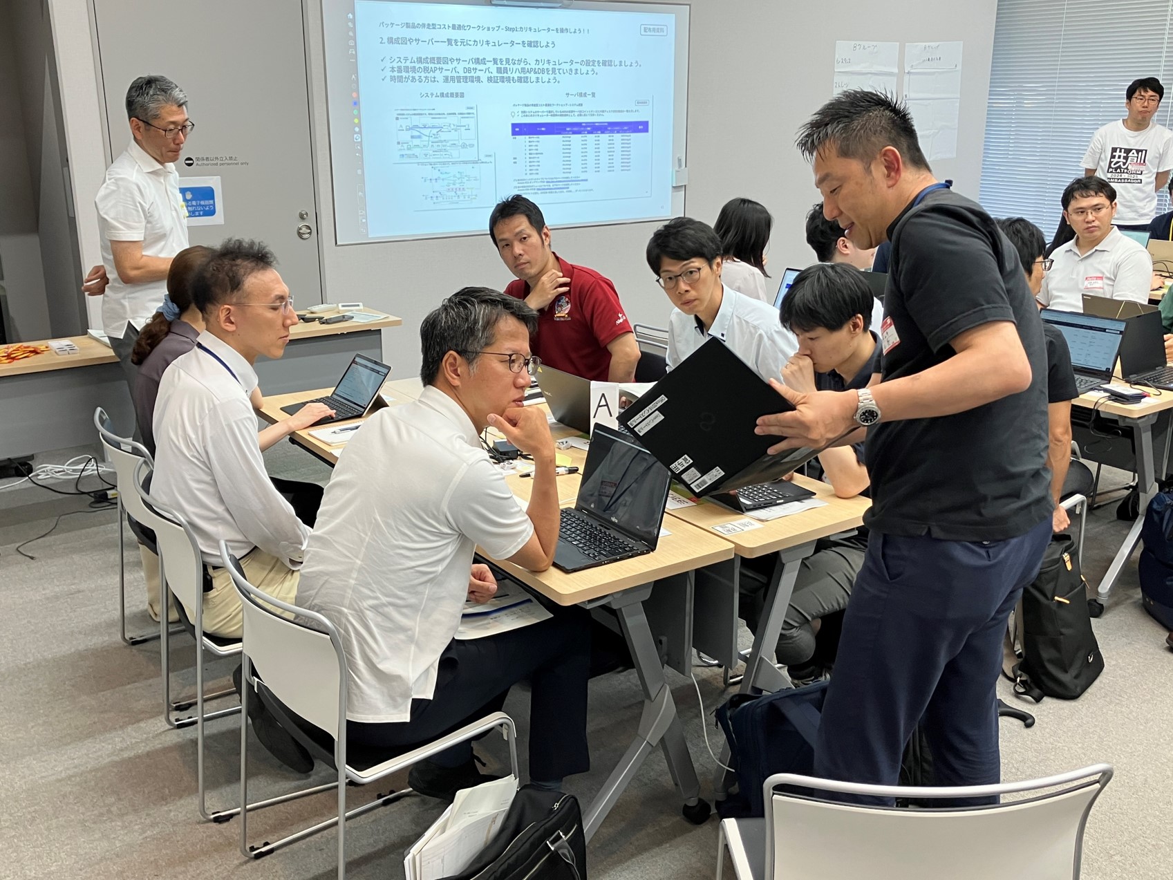 The photo shows six people sitting at desks facing each other, and one person showing a computer screen while explaining. The photo also shows a similar desk and participants next to it in a large conference room.