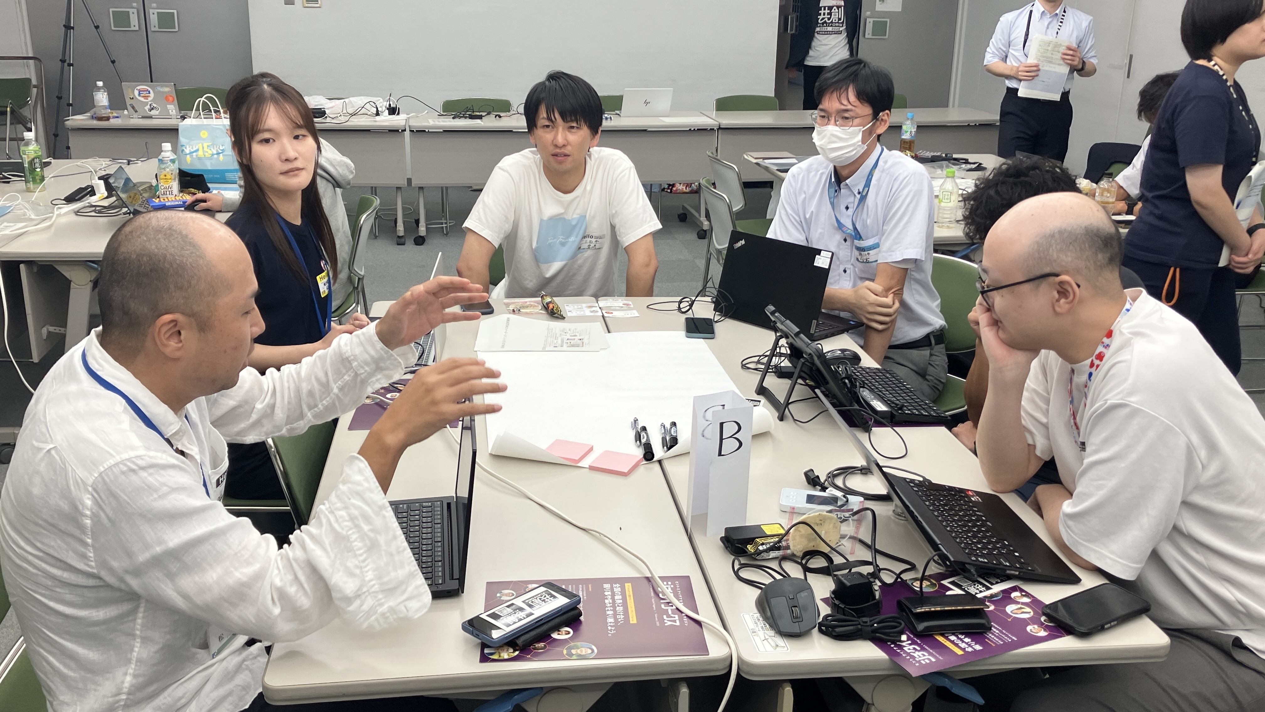 机を向かい合わせて6名が座っており、机の中心には模造紙とBと書かれた札が置いてある写真。数名はパソコンを開いており、6名が話し合っている様子。