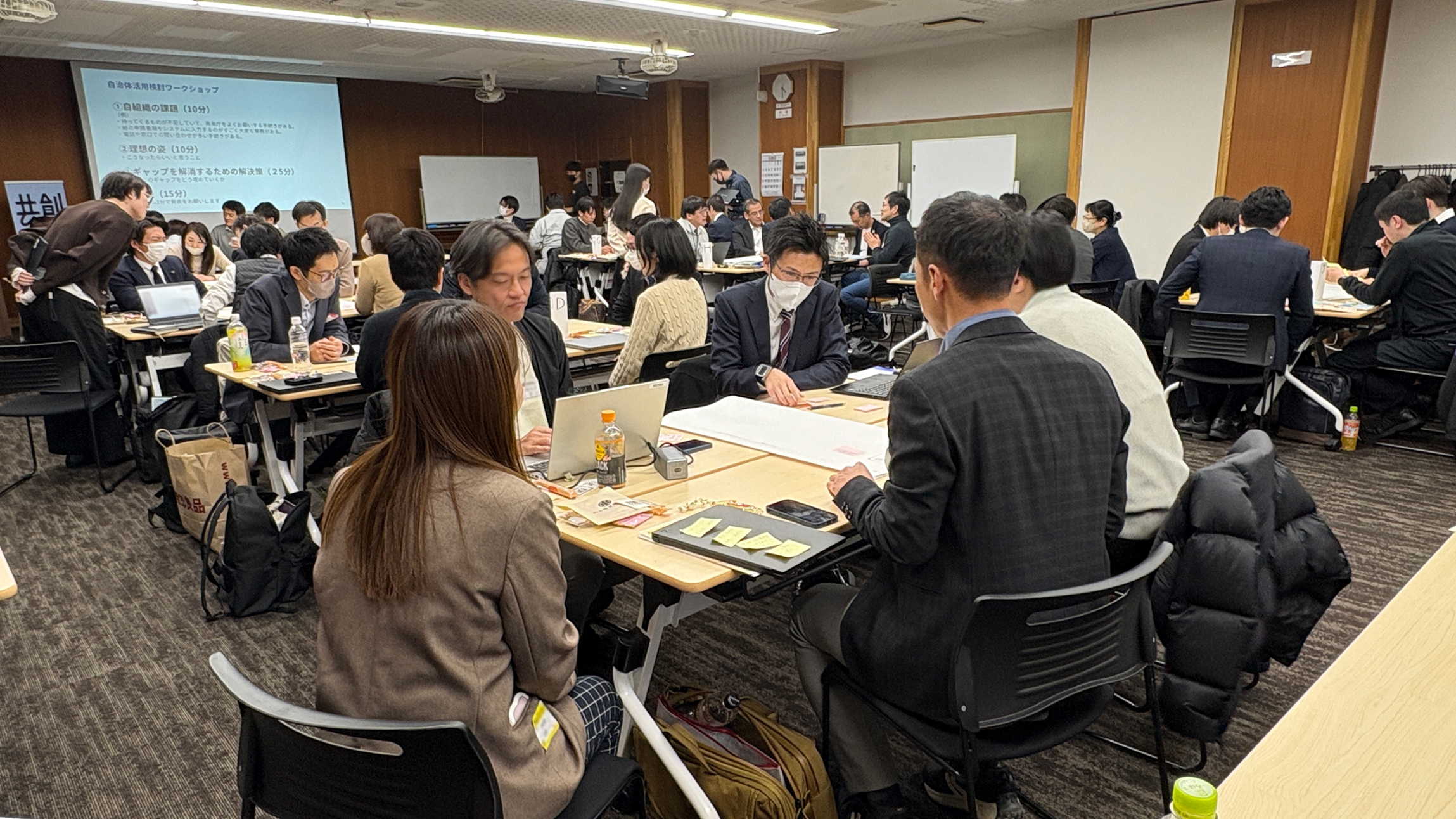 This is a photo of the entire workshop. Several desks are lined up, and about five people are seated at each desk, facing each other.